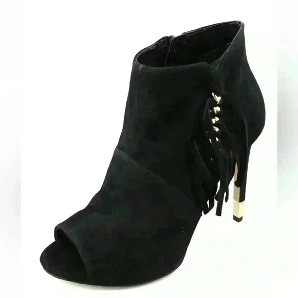 Guess Women's Black Aziz Suede Peep Toe with Fringe & Chain accent Bootie chic - Picture 1 of 6